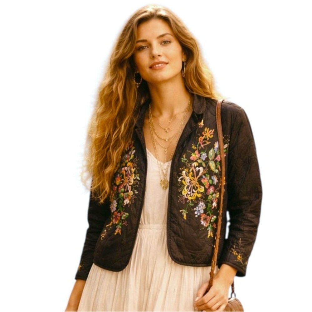 Vintage Bar I Black Quilted Floral Jacket Medium Boho Art To Wear Cottagecore